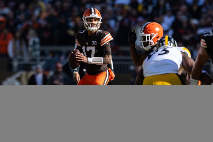 Nov 19, 2023; Cleveland, Ohio, USA; Cleveland Browns quarterback Dorian Thompson-Robinson (17) looks for an available receiver against the Pittsburgh Steelers during the first quarter at Cleveland Browns Stadium.